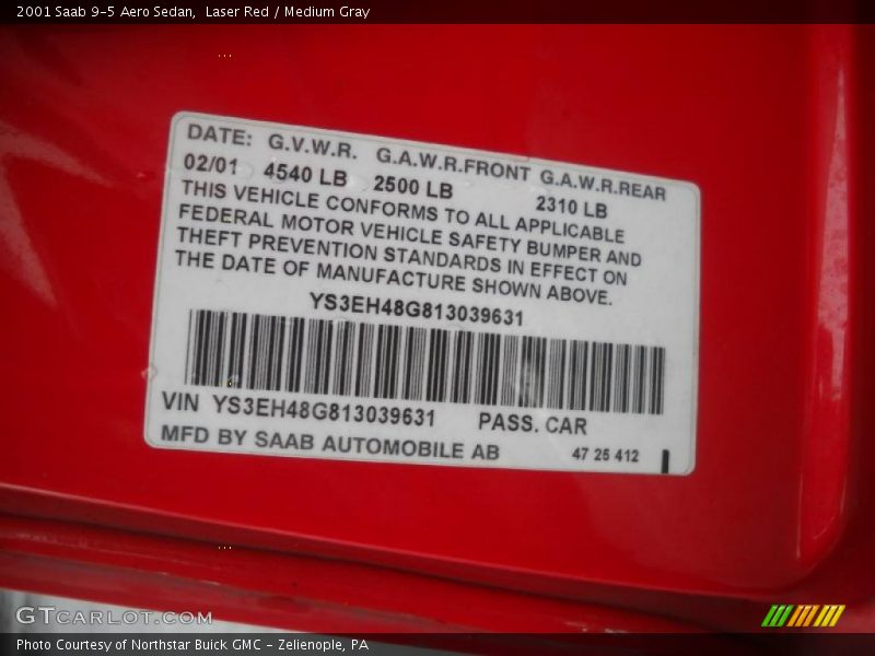 Info Tag of 2001 9-5 Aero Sedan
