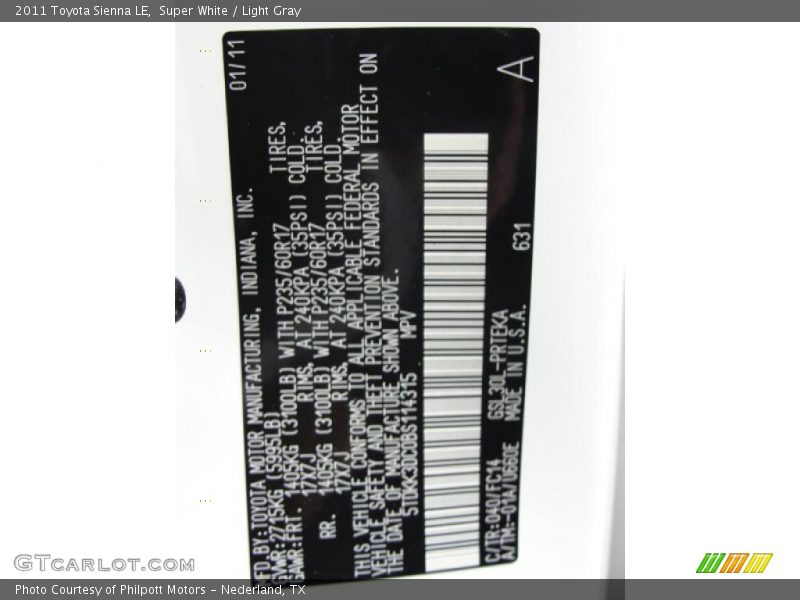 Super White / Light Gray 2011 Toyota Sienna LE
