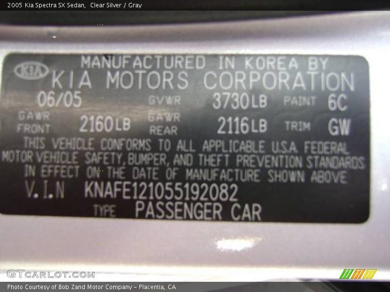 Clear Silver / Gray 2005 Kia Spectra SX Sedan