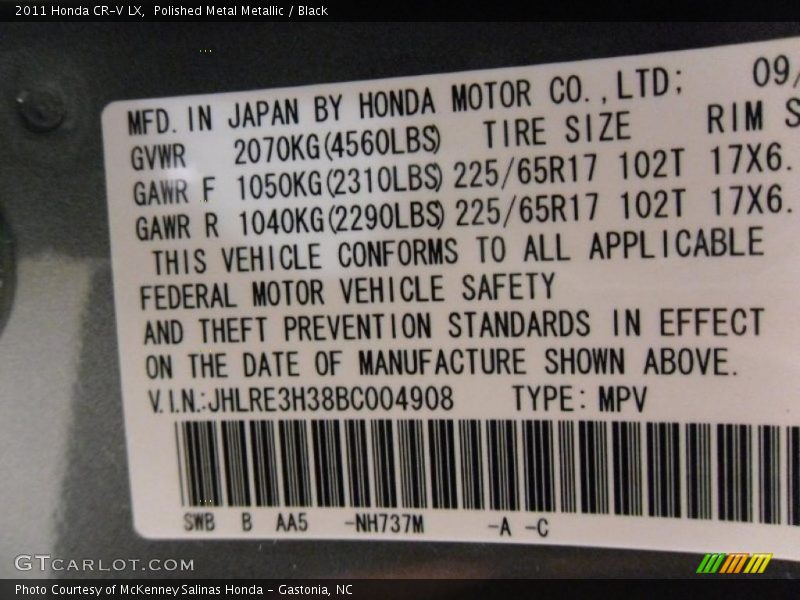 2011 CR-V LX Polished Metal Metallic Color Code NH737M