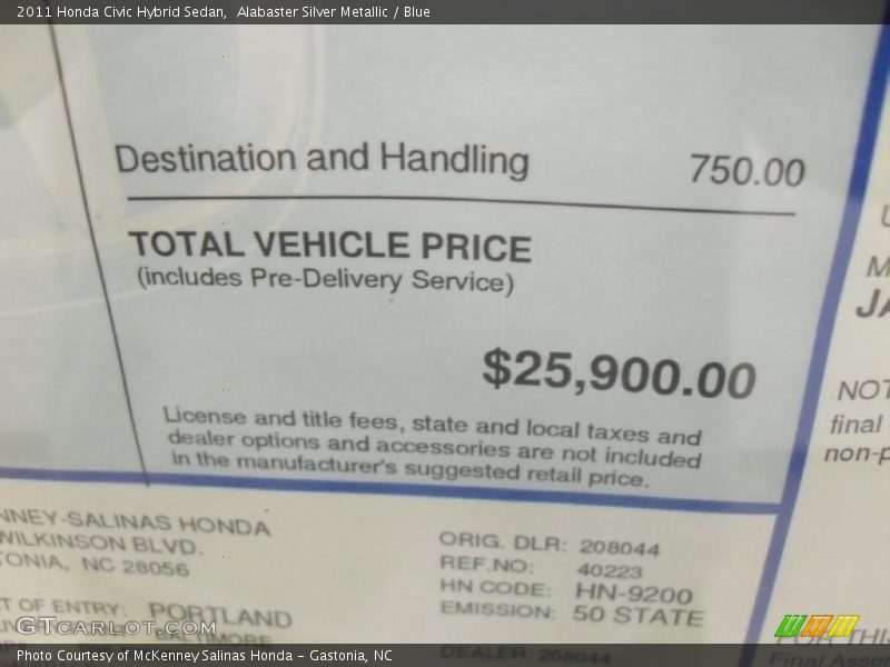  2011 Civic Hybrid Sedan Window Sticker