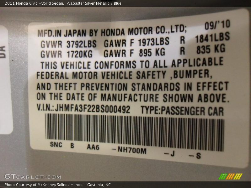 2011 Civic Hybrid Sedan Alabaster Silver Metallic Color Code NH700M