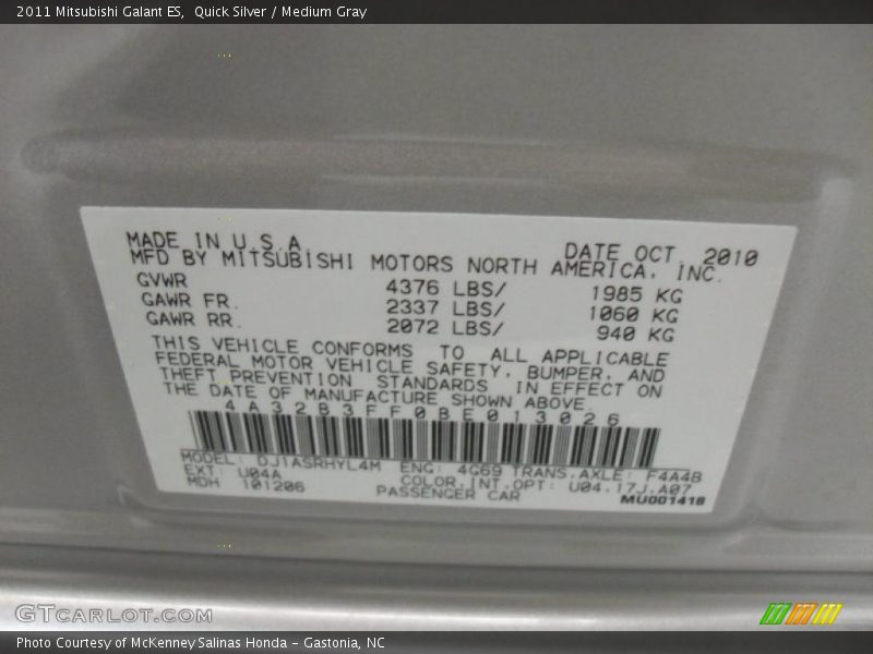Quick Silver / Medium Gray 2011 Mitsubishi Galant ES