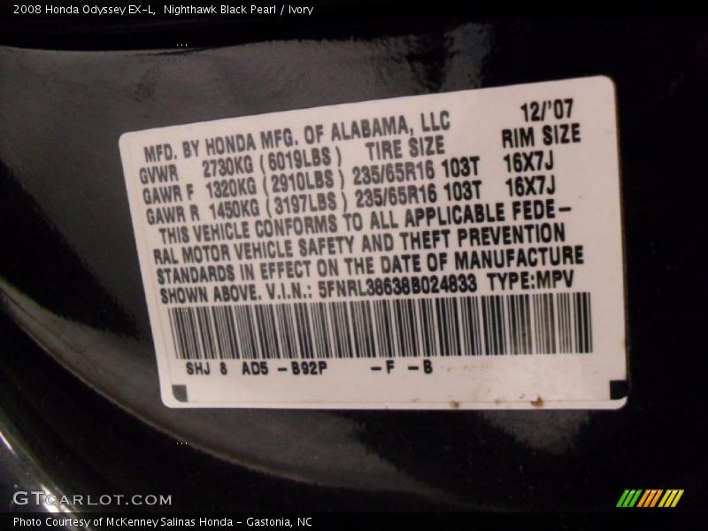 Nighthawk Black Pearl / Ivory 2008 Honda Odyssey EX-L