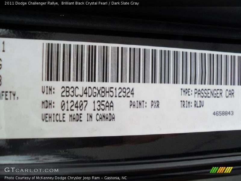 2011 Challenger Rallye Brilliant Black Crystal Pearl Color Code PXR