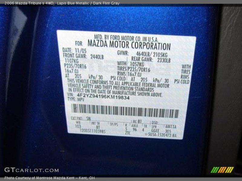 2006 Tribute s 4WD Lapis Blue Metallic Color Code SN