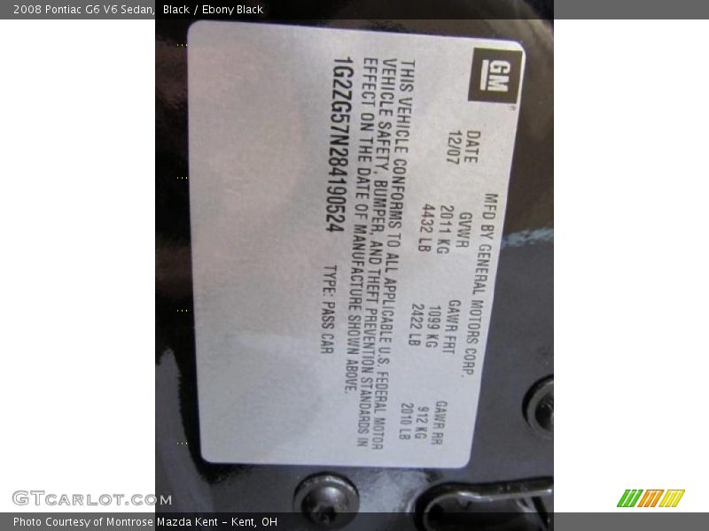 Black / Ebony Black 2008 Pontiac G6 V6 Sedan