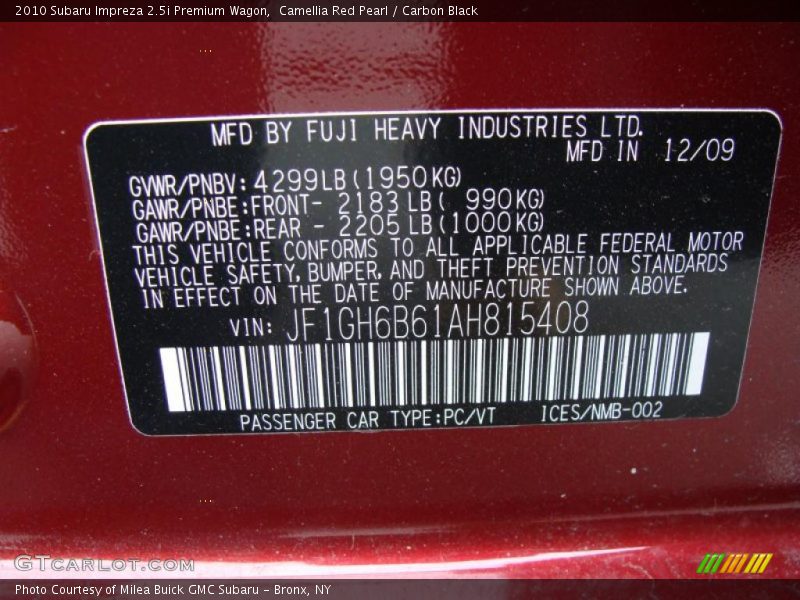 Info Tag of 2010 Impreza 2.5i Premium Wagon