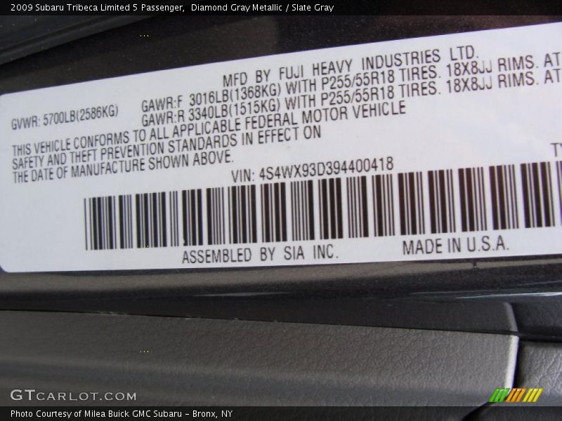 Info Tag of 2009 Tribeca Limited 5 Passenger
