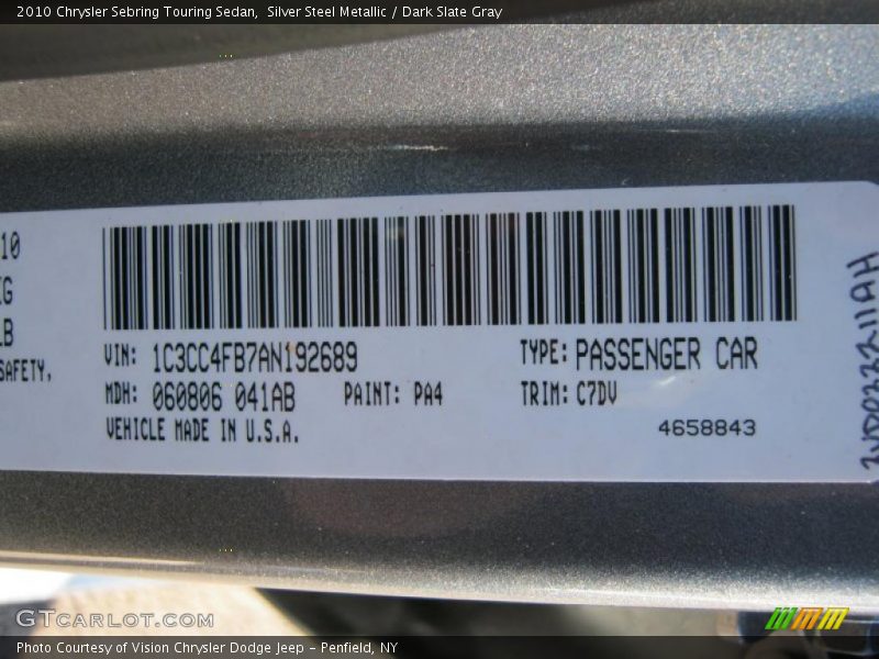 Silver Steel Metallic / Dark Slate Gray 2010 Chrysler Sebring Touring Sedan
