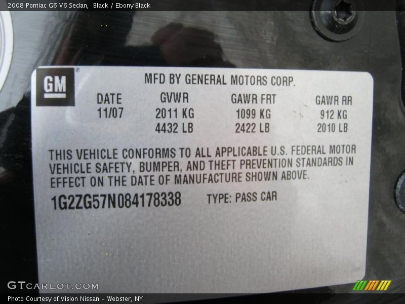 Black / Ebony Black 2008 Pontiac G6 V6 Sedan
