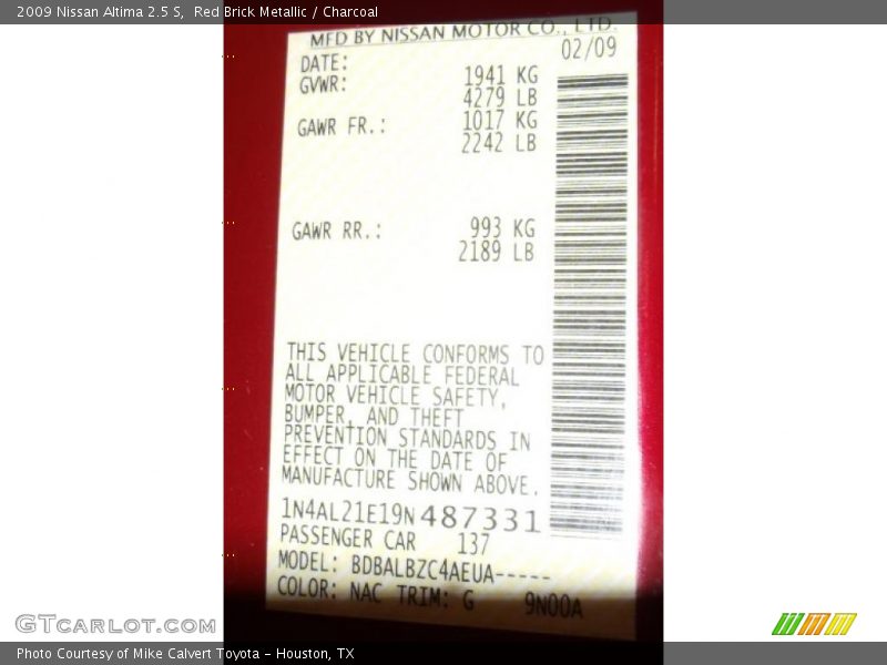 Red Brick Metallic / Charcoal 2009 Nissan Altima 2.5 S