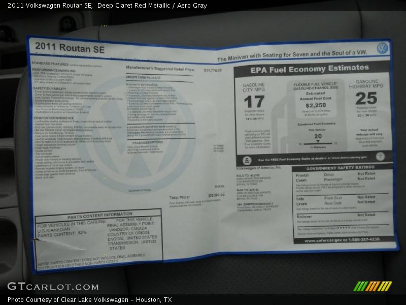 Deep Claret Red Metallic / Aero Gray 2011 Volkswagen Routan SE