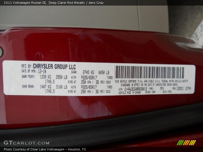 Deep Claret Red Metallic / Aero Gray 2011 Volkswagen Routan SE