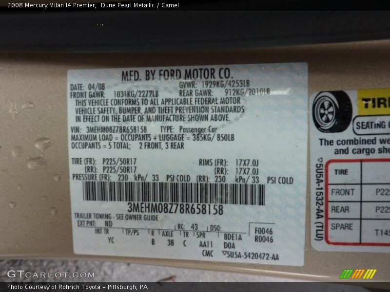 Dune Pearl Metallic / Camel 2008 Mercury Milan I4 Premier