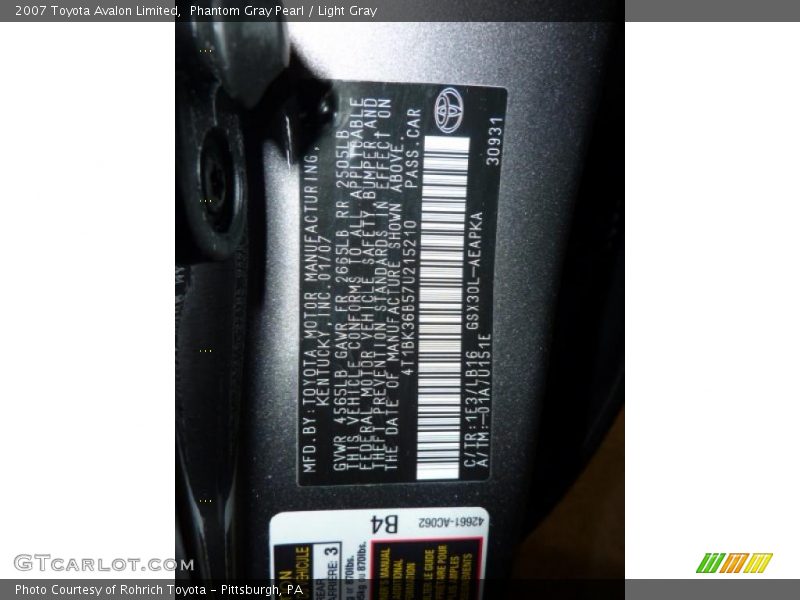 Phantom Gray Pearl / Light Gray 2007 Toyota Avalon Limited