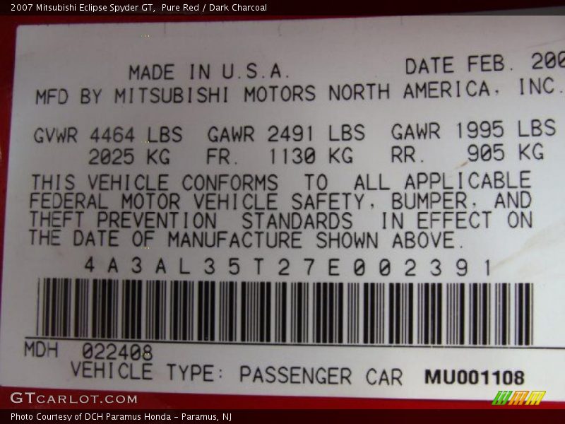 Pure Red / Dark Charcoal 2007 Mitsubishi Eclipse Spyder GT