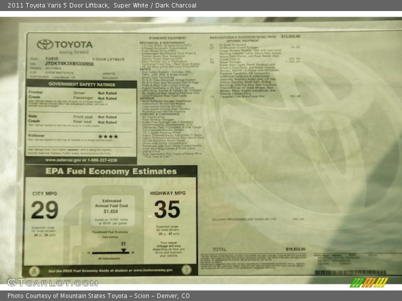  2011 Yaris 5 Door Liftback Window Sticker