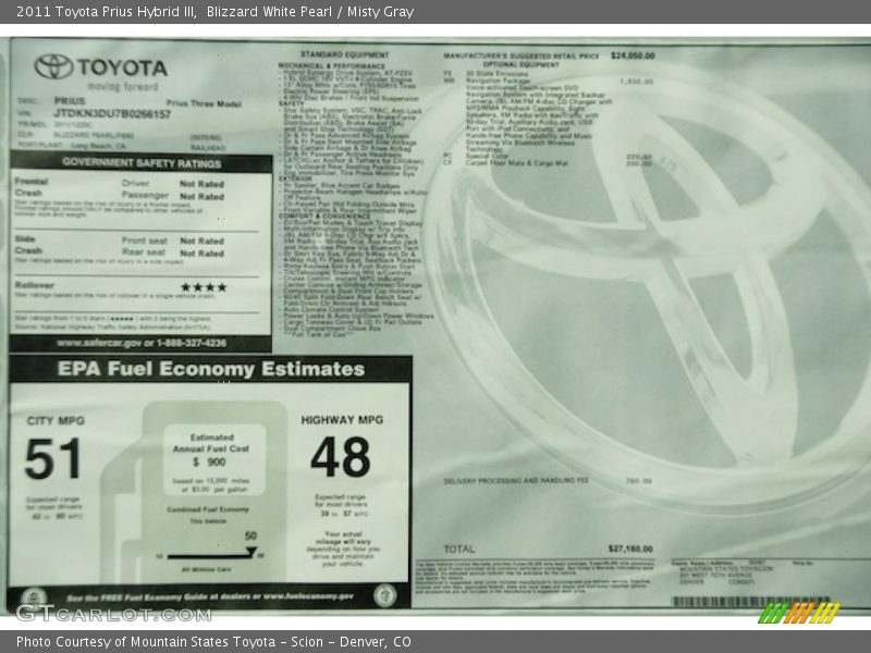 Blizzard White Pearl / Misty Gray 2011 Toyota Prius Hybrid III