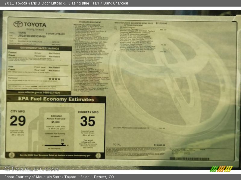  2011 Yaris 3 Door Liftback Window Sticker