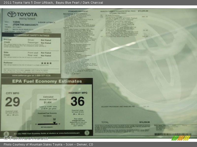  2011 Yaris 5 Door Liftback Window Sticker