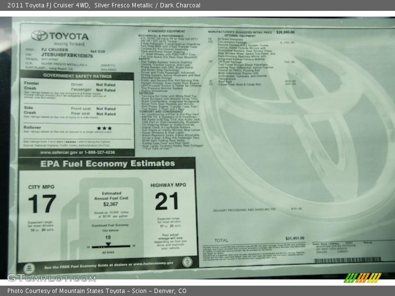  2011 FJ Cruiser 4WD Window Sticker