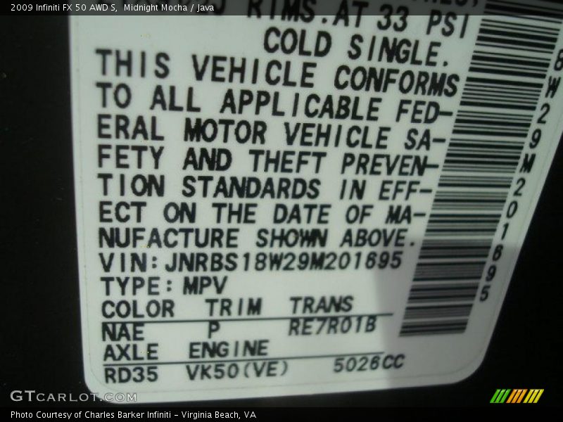 2009 FX 50 AWD S Midnight Mocha Color Code NAE
