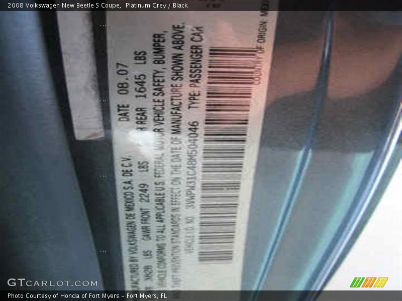 Platinum Grey / Black 2008 Volkswagen New Beetle S Coupe