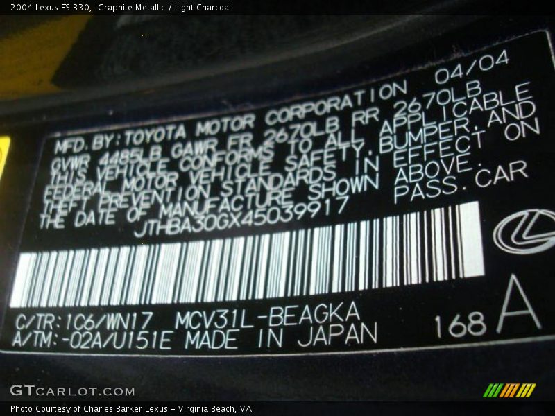 Graphite Metallic / Light Charcoal 2004 Lexus ES 330