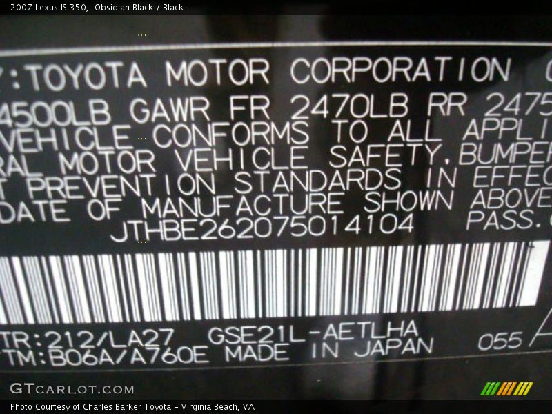 Obsidian Black / Black 2007 Lexus IS 350
