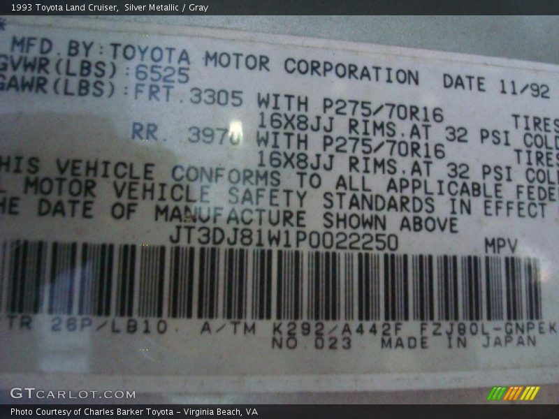 Silver Metallic / Gray 1993 Toyota Land Cruiser
