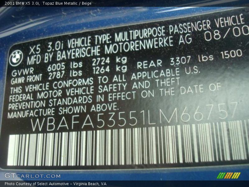 Topaz Blue Metallic / Beige 2001 BMW X5 3.0i