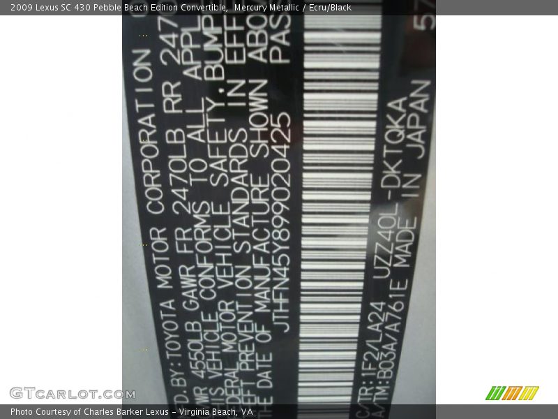 2009 SC 430 Pebble Beach Edition Convertible Mercury Metallic Color Code 1F2