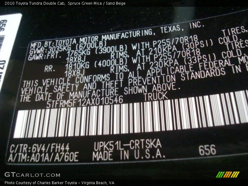 Spruce Green Mica / Sand Beige 2010 Toyota Tundra Double Cab