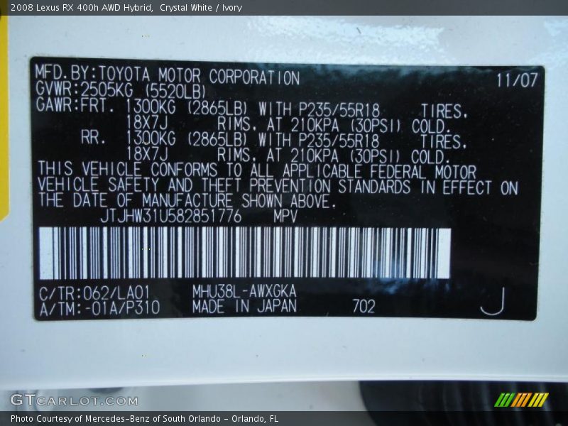 Crystal White / Ivory 2008 Lexus RX 400h AWD Hybrid