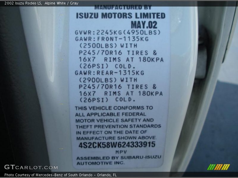Info Tag of 2002 Rodeo LS