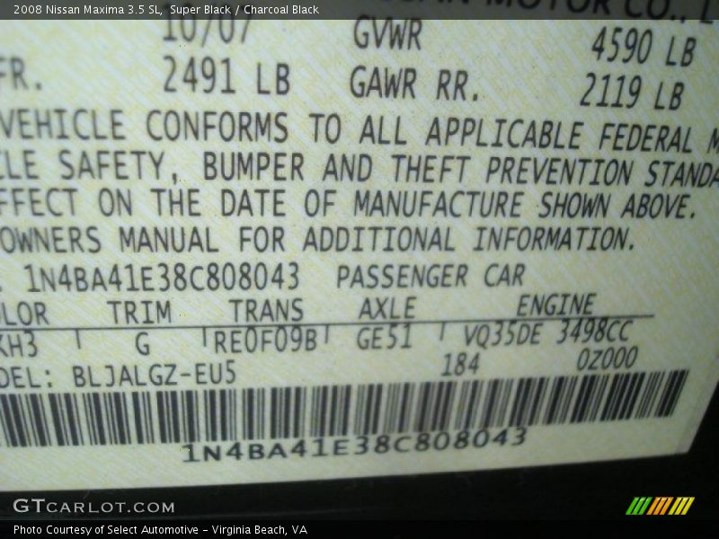Super Black / Charcoal Black 2008 Nissan Maxima 3.5 SL
