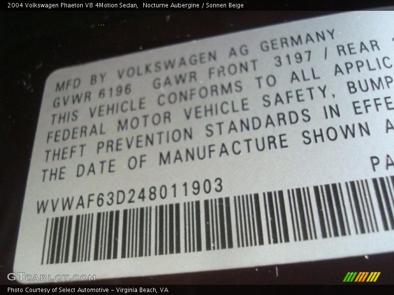 Info Tag of 2004 Phaeton V8 4Motion Sedan