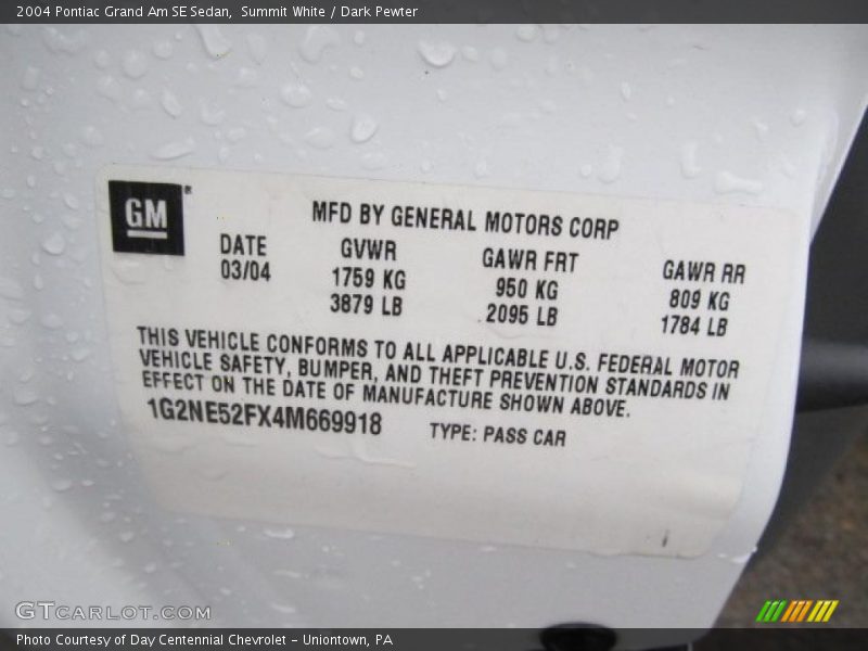 Summit White / Dark Pewter 2004 Pontiac Grand Am SE Sedan