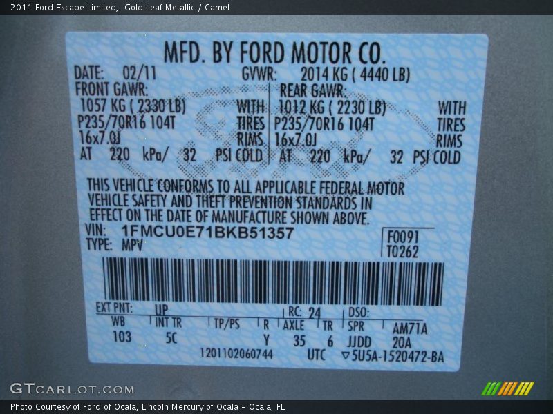 2011 Escape Limited Gold Leaf Metallic Color Code UP