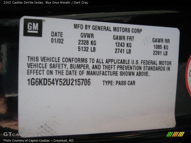 Blue Onyx Metallic / Dark Gray 2002 Cadillac DeVille Sedan