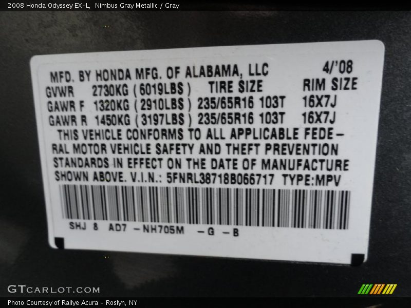 Nimbus Gray Metallic / Gray 2008 Honda Odyssey EX-L