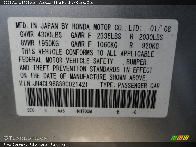 Alabaster Silver Metallic / Quartz Gray 2008 Acura TSX Sedan
