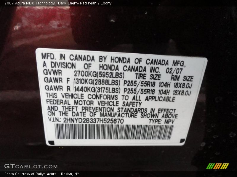 Dark Cherry Red Pearl / Ebony 2007 Acura MDX Technology