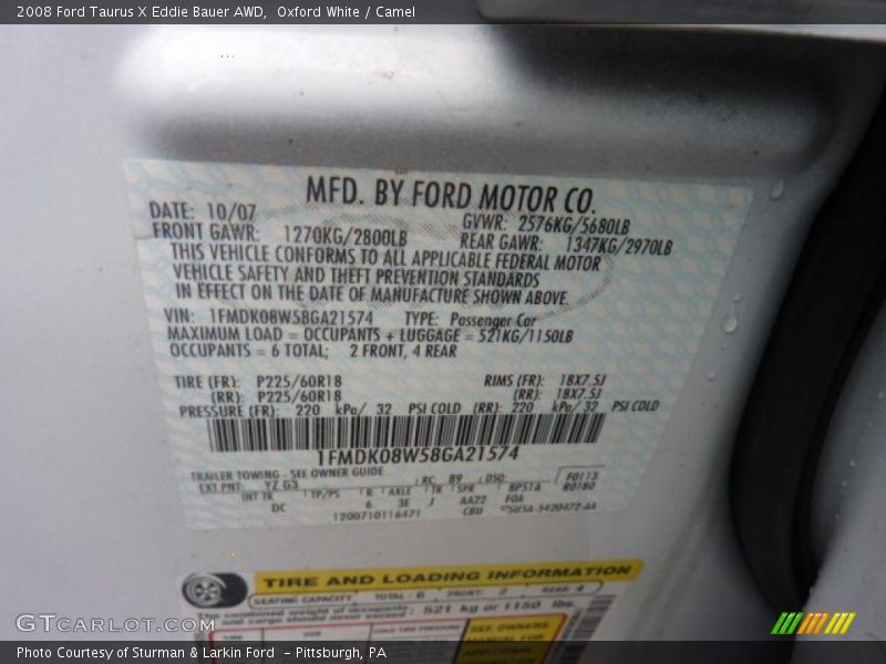 2008 Taurus X Eddie Bauer AWD Oxford White Color Code YZ