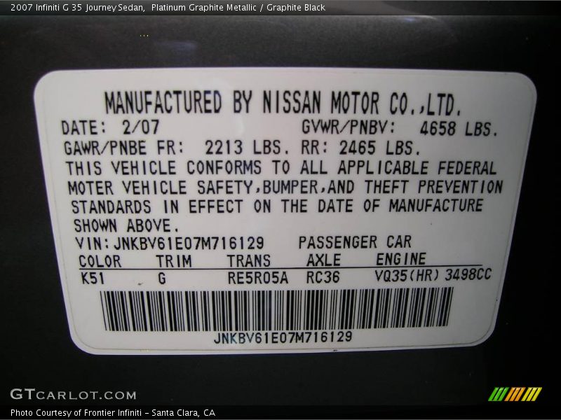 Platinum Graphite Metallic / Graphite Black 2007 Infiniti G 35 Journey Sedan