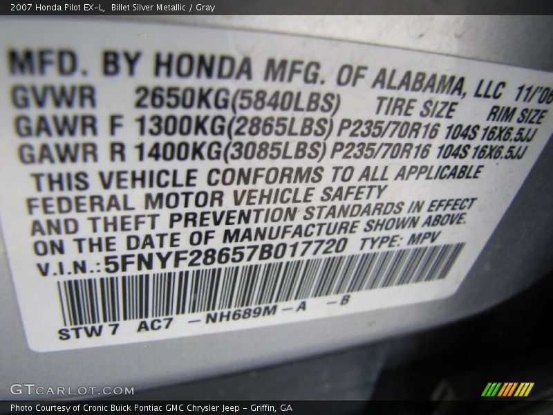 Billet Silver Metallic / Gray 2007 Honda Pilot EX-L