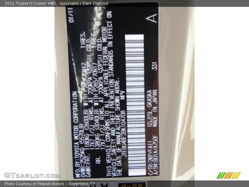 2011 FJ Cruiser 4WD Quicksand Color Code 2KP