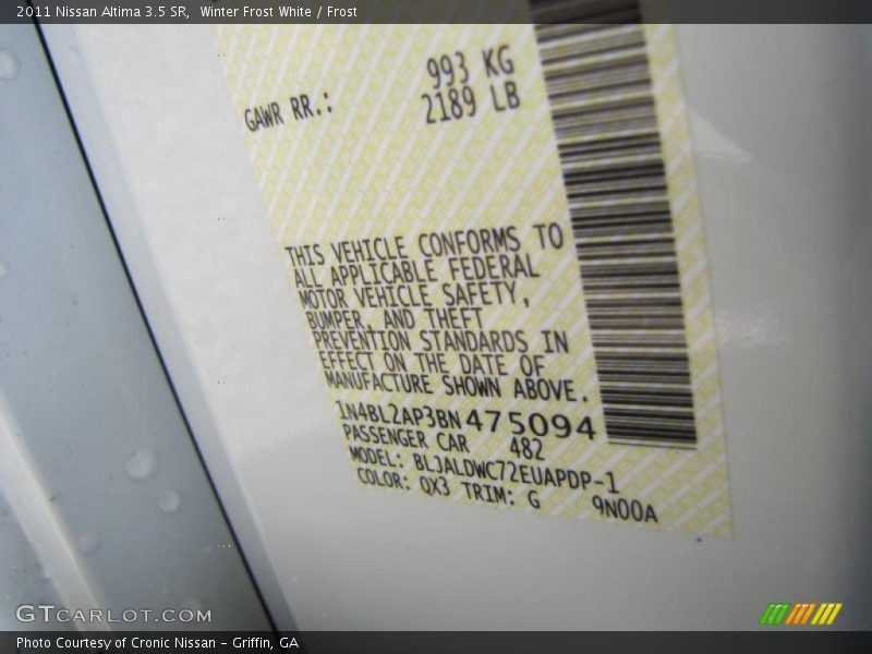Winter Frost White / Frost 2011 Nissan Altima 3.5 SR