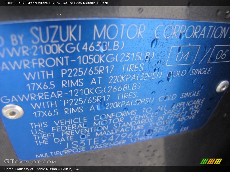 Azure Gray Metallic / Black 2006 Suzuki Grand Vitara Luxury